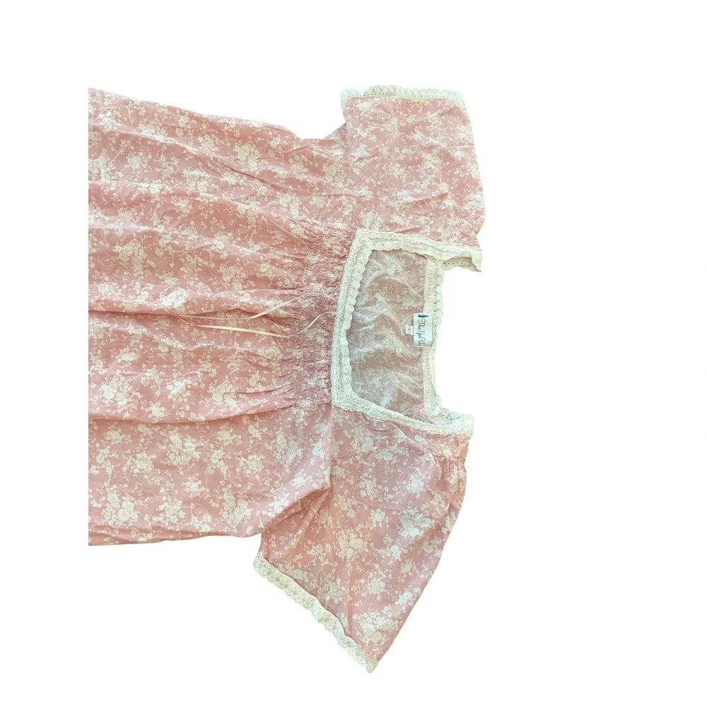 The 1 for U Pink Floral Cotton Nightgown Lace Trim Smocked Victorian Sleepwear L